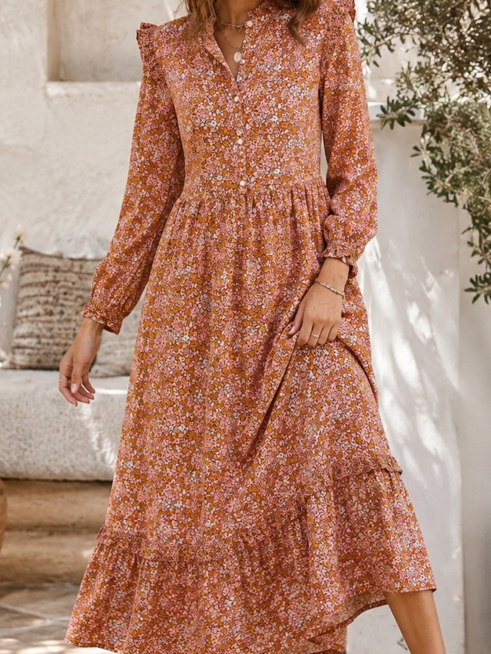 Floral Tiered Maxi Dress in Rust